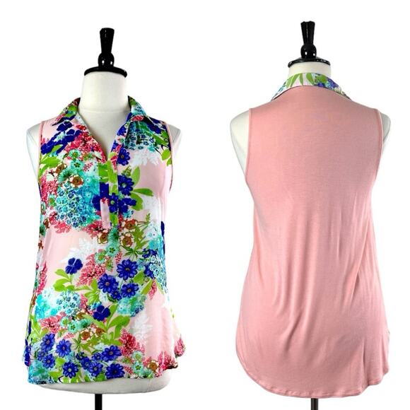 Femme Women’s Top Collared Sleeveless Mixed Media Pink Blue Multi Floral Size XL - Picture 12 of 12